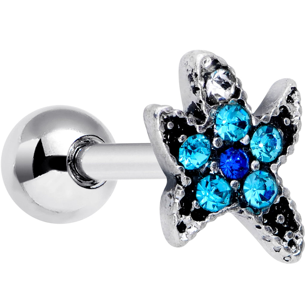 16G 1/4 Aqua Blue Gem Starfish Cartilage Tragus Earring