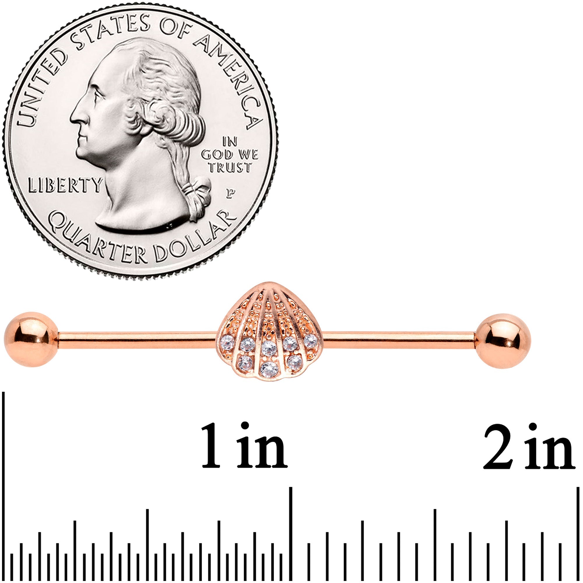 14G Clear Gem Rose Gold Tone Shell Industrial Barbell 38mm