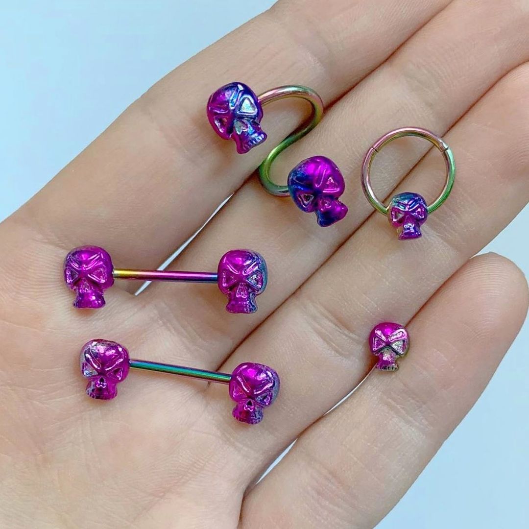16G 1/4 Rainbow Plated Scary Skull Cartilage Tragus Earring