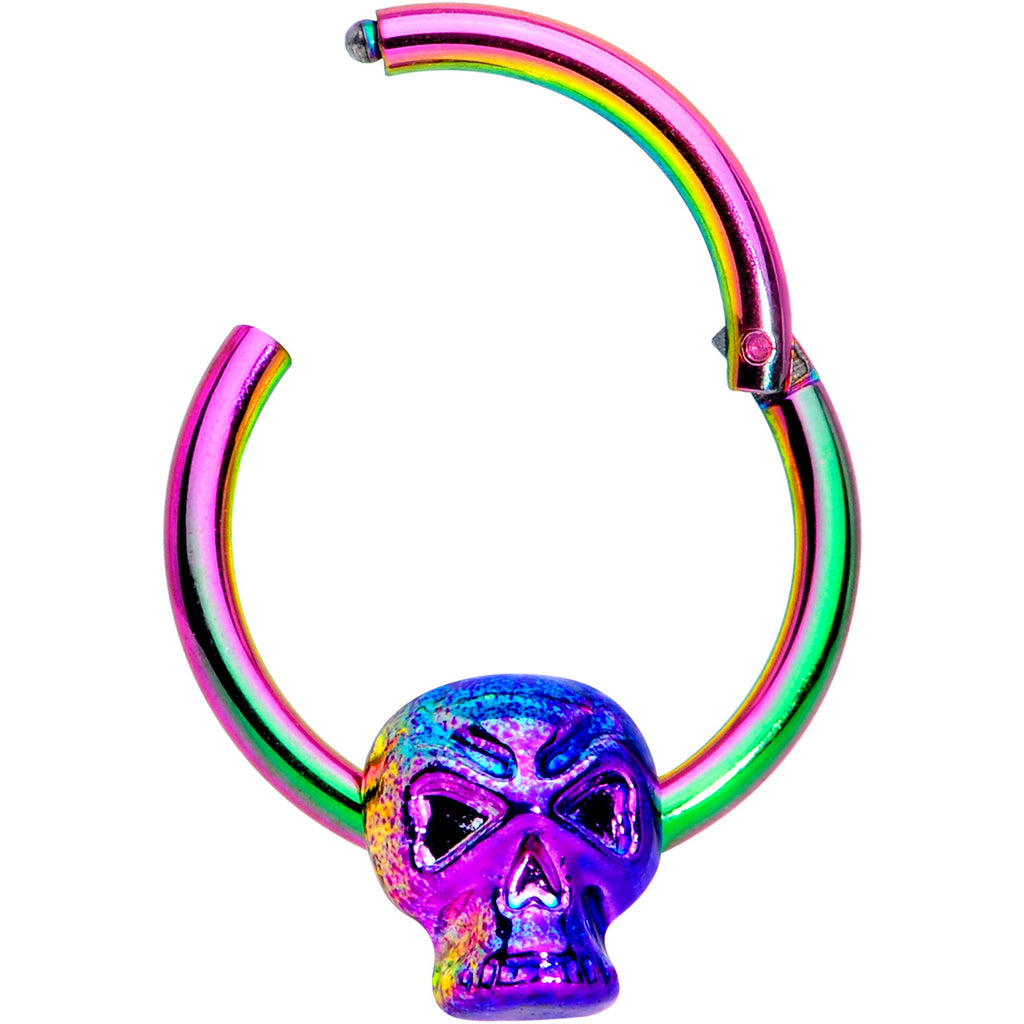 16G 3/8 Rainbow Plated Scary Skull Hinged Segment Ring