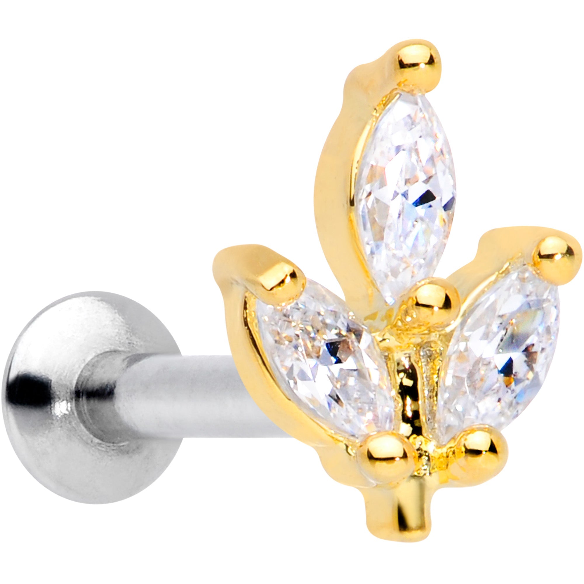 16G 1/4 CZ Gem Gold PVD Leaf Threadless Push In Labret Tragus