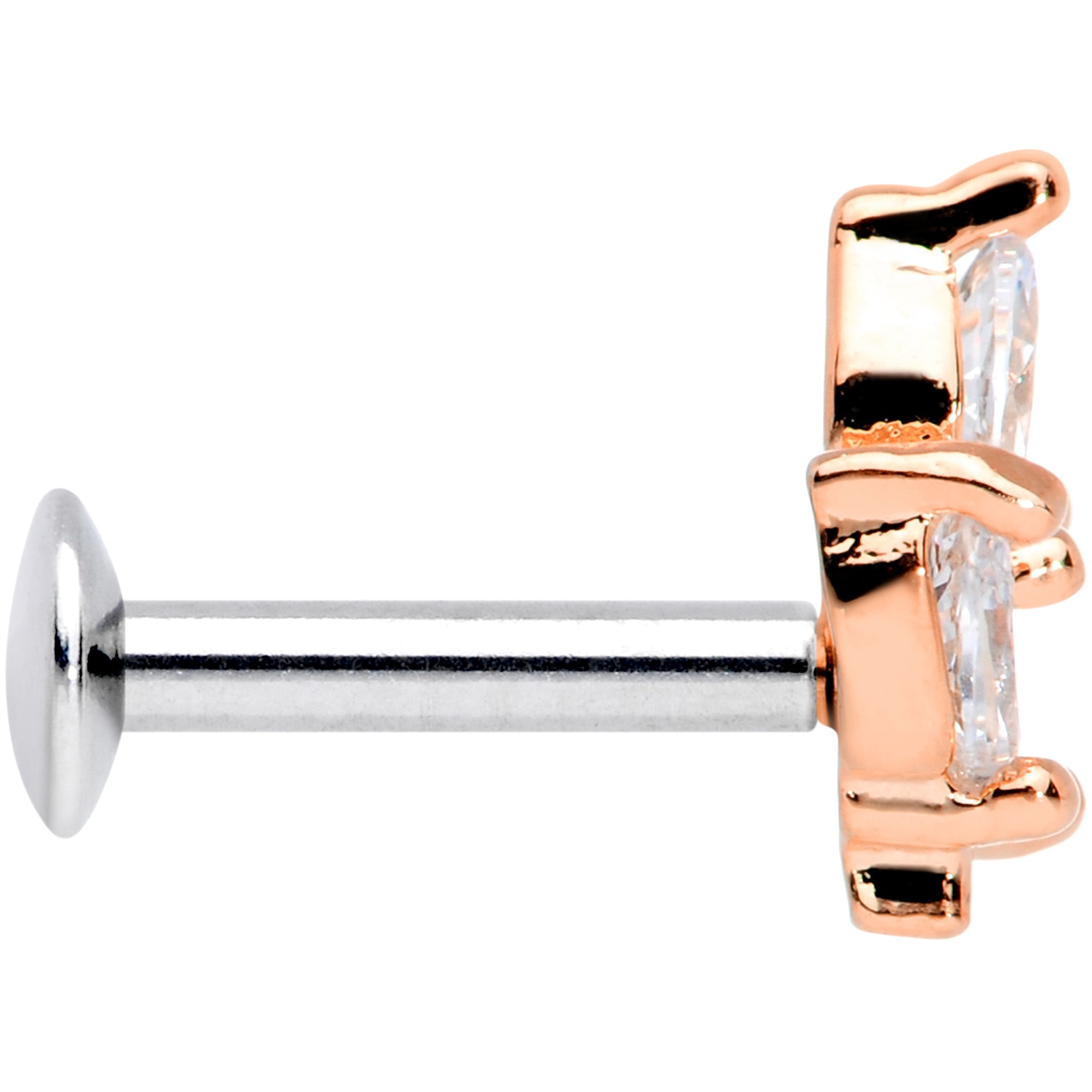 16G 1/4 CZ Rose Gold PVD Leaf Threadless Push In Labret Tragus