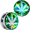 Green Hologram Marijuana Weed Leaf Screw Fit Plug Set 6G to 1 Inch