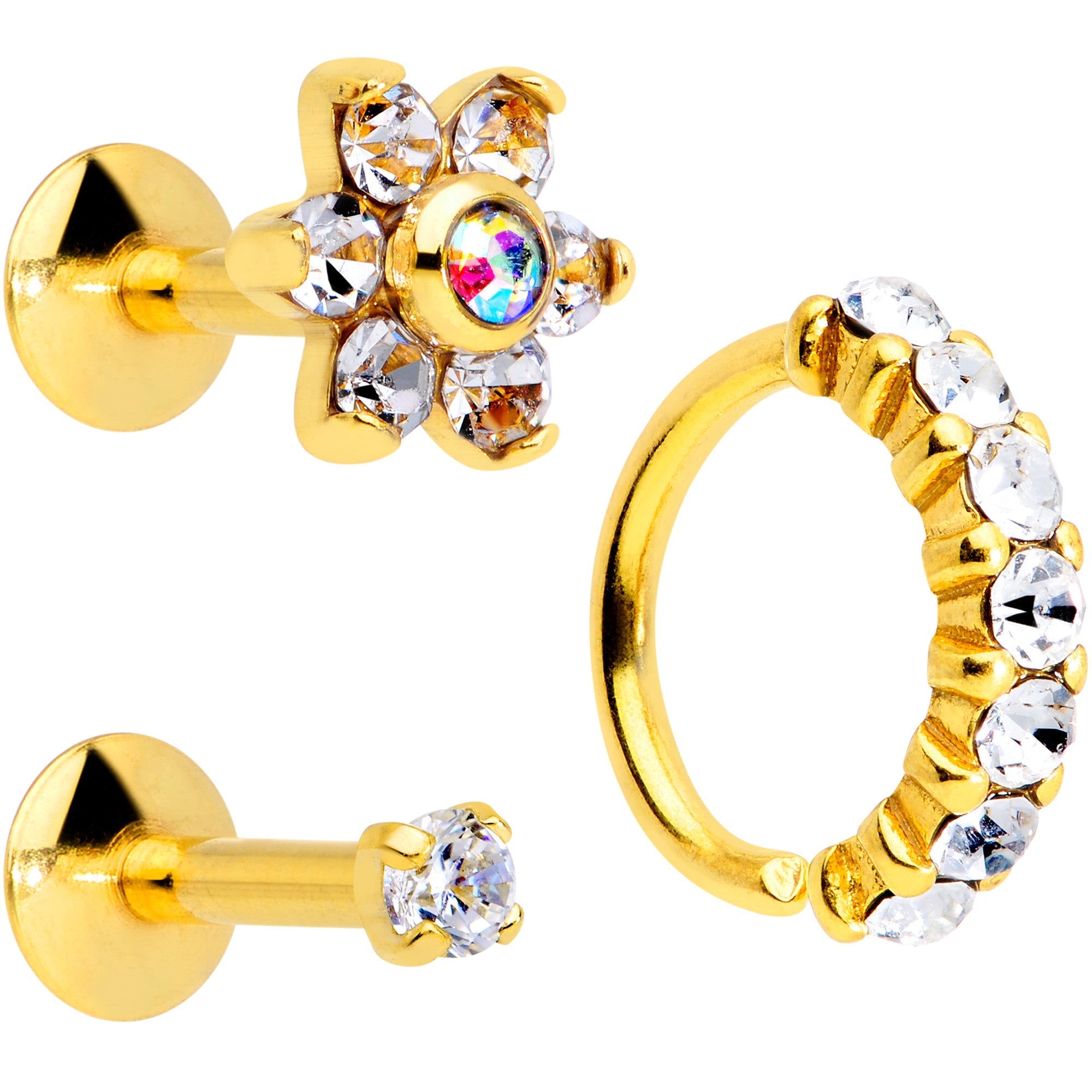 16G Clear CZ Gem Gold Tone Cartilage Labret Closure Ring Set of 3