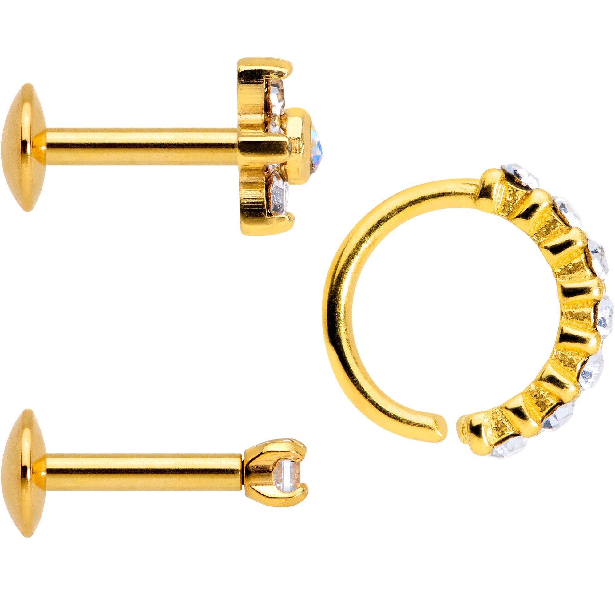 16G Clear CZ Gem Gold Tone Cartilage Labret Closure Ring Set of 3