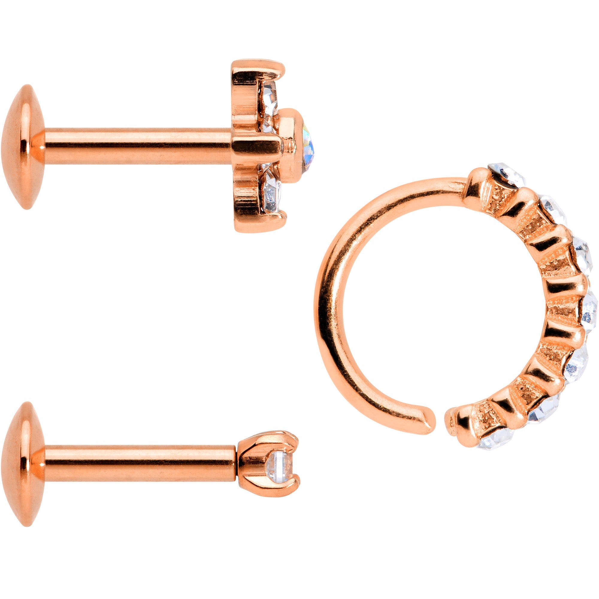 16G Clear CZ Gem Rose Gold Tone Cartilage Labret Closure Ring Set of 3