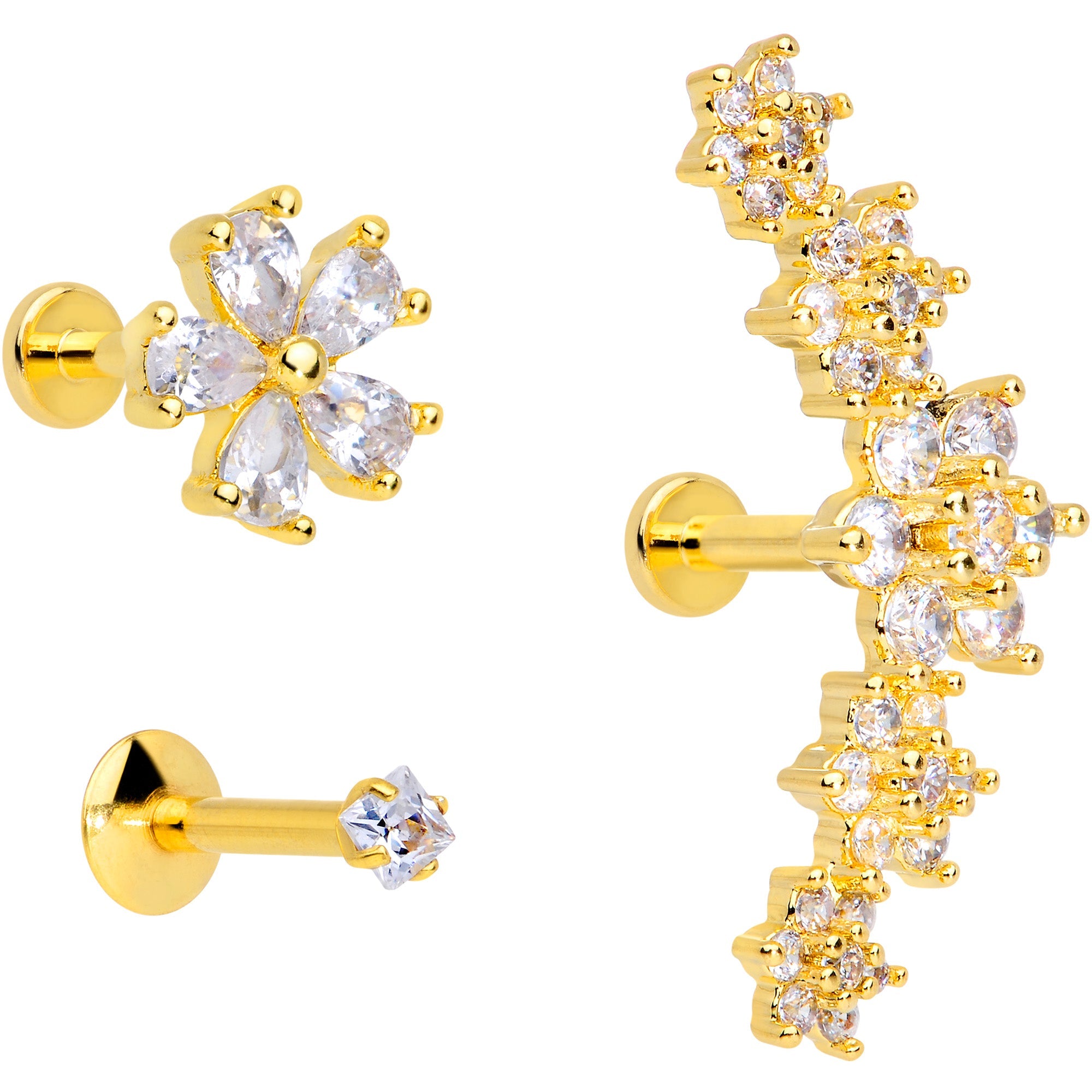 16G 1/4 Clear CZ Gem Gold Tone Floral Labret Tragus Set of 3