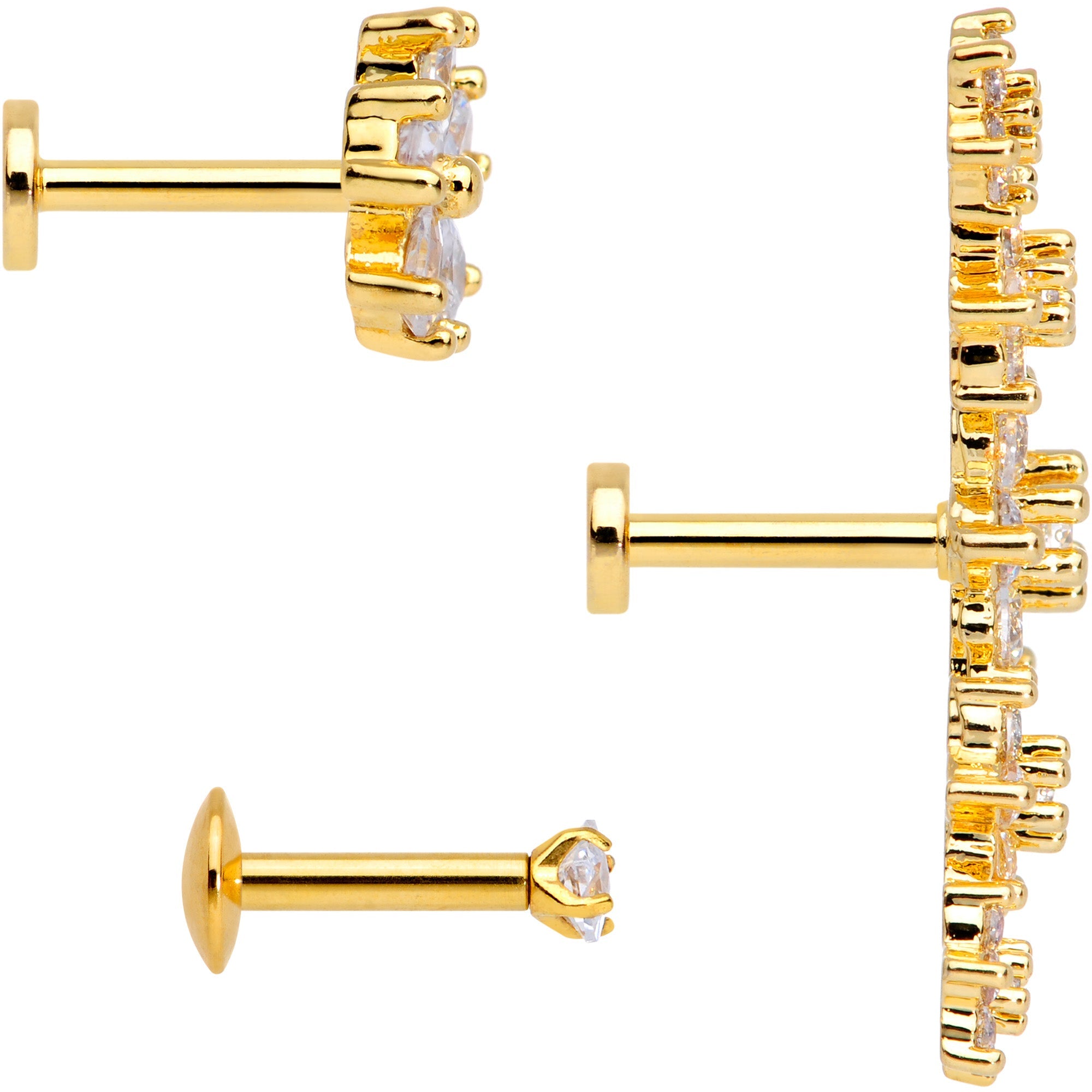 16G 1/4 Clear CZ Gem Gold Tone Floral Labret Tragus Set of 3