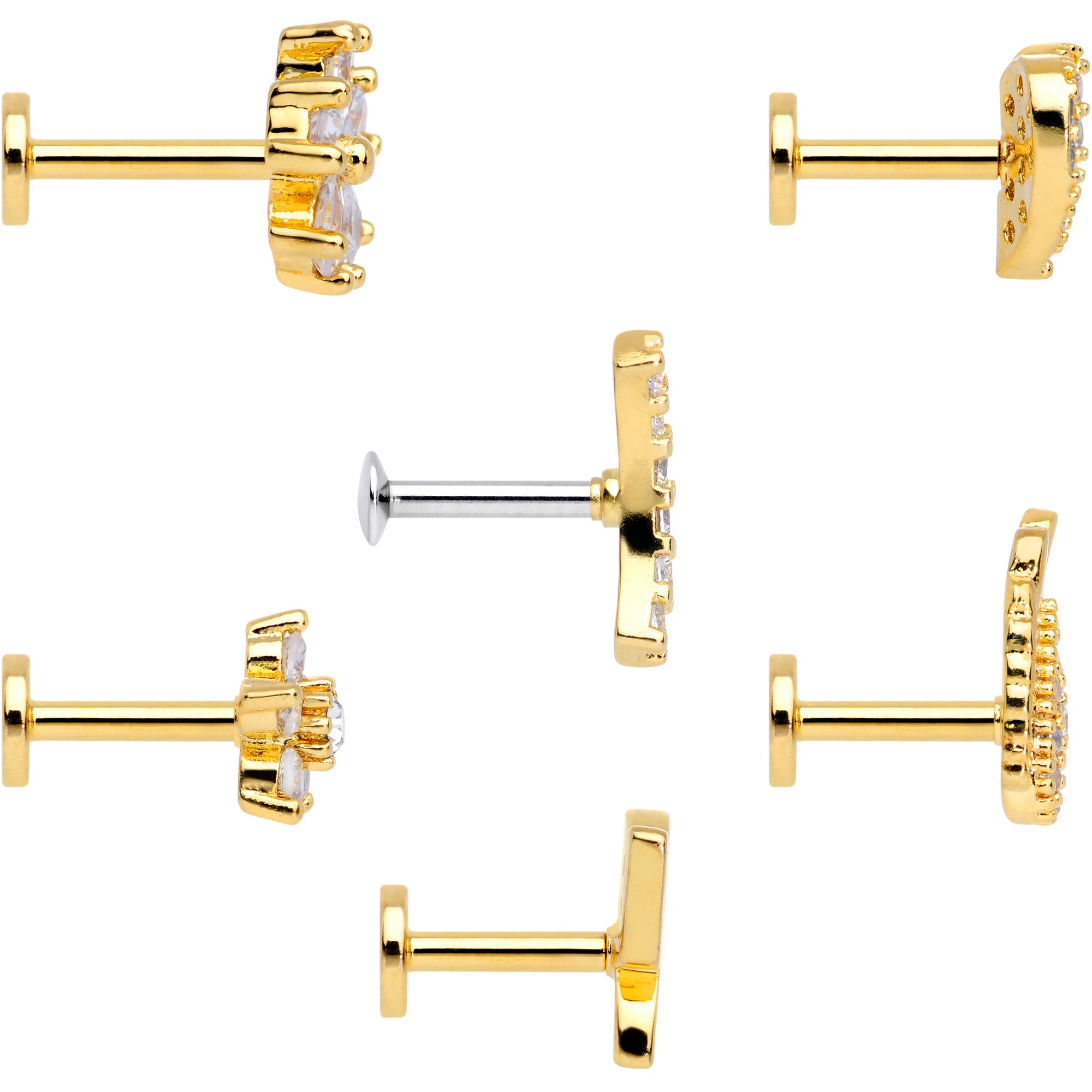 16G 1/4 CZ Gold Tone Internal Thread Labret Tragus Set of 6