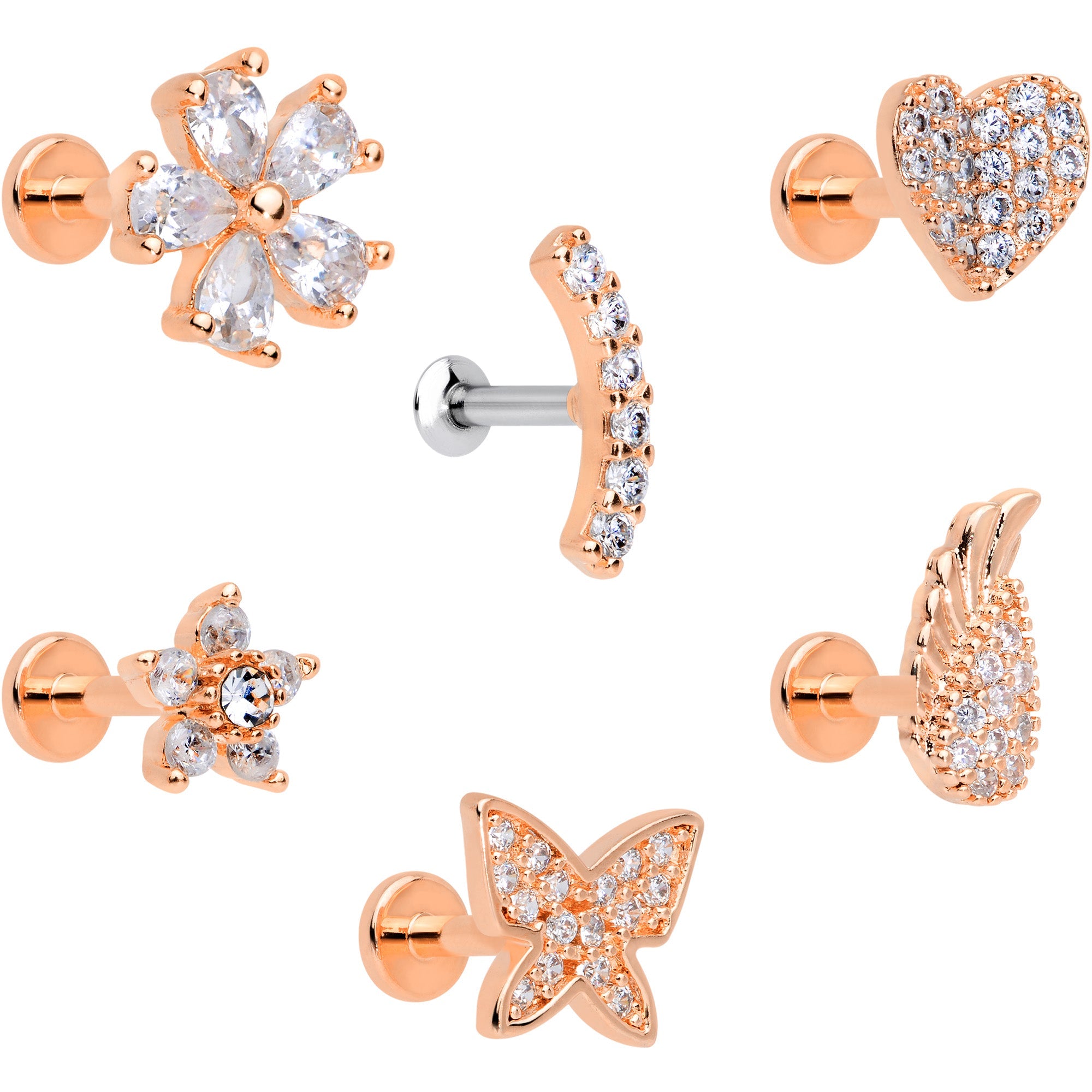 16G 1/4 CZ Rose Gold Tone Internal Thread Labret Tragus Set of 6