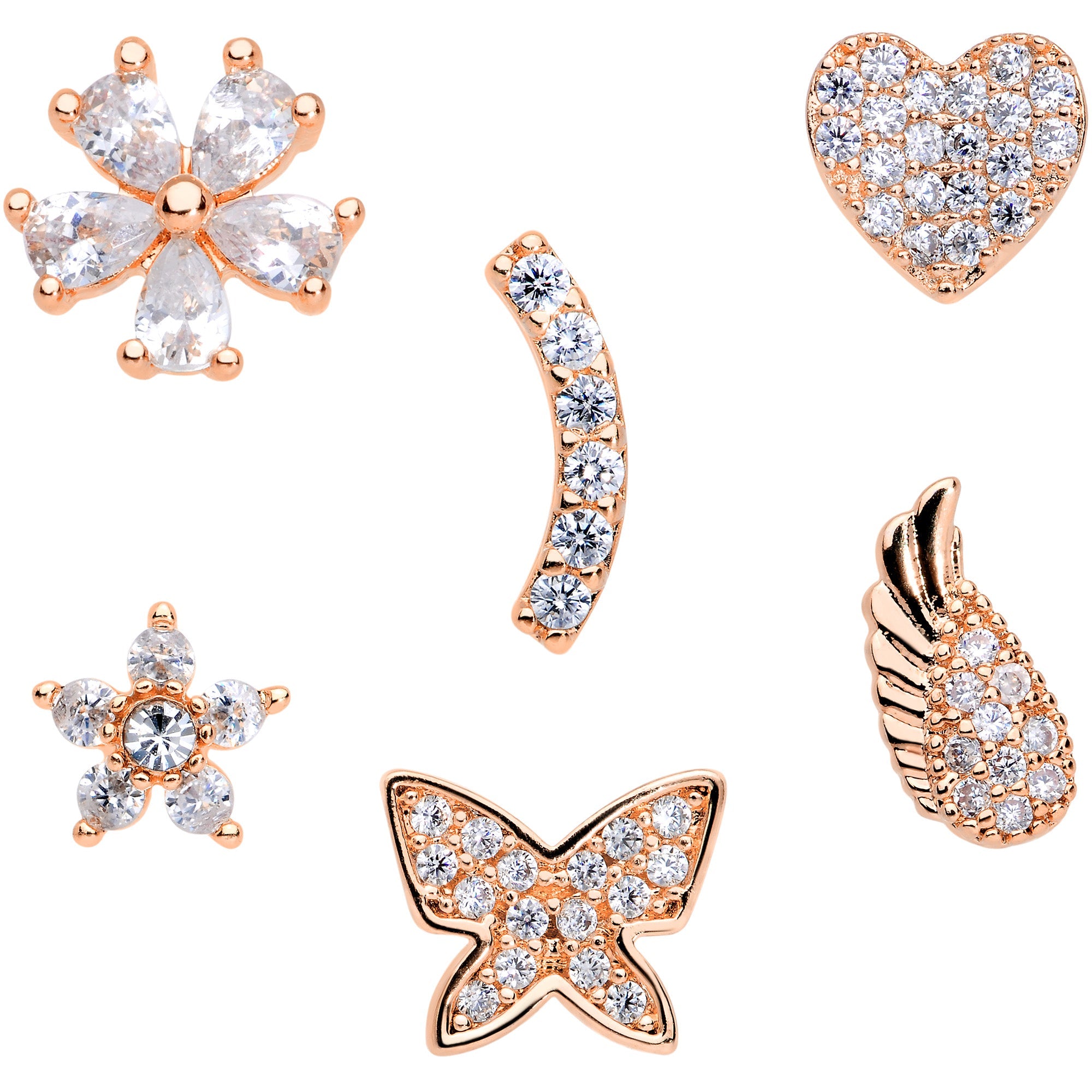 16G 1/4 CZ Rose Gold Tone Internal Thread Labret Tragus Set of 6