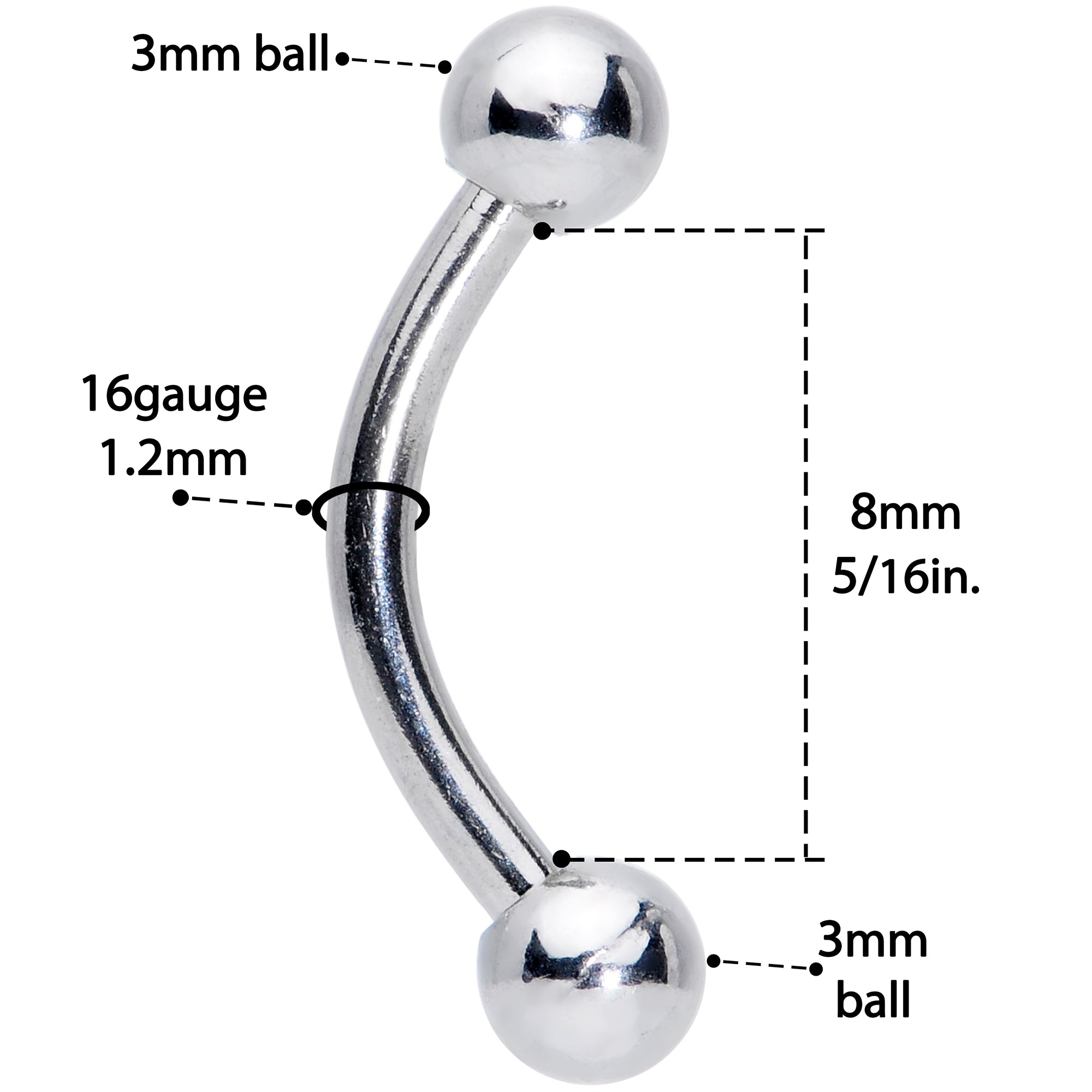 16G 5/16 Stainless Steel Curved Eyebrow Rook Piercing