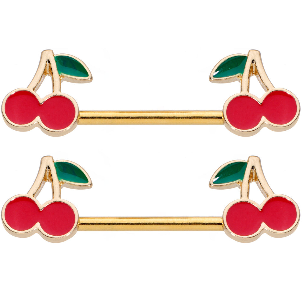 14G 9/16 Gold Tone Charming Cherries Barbell Nipple Ring Set