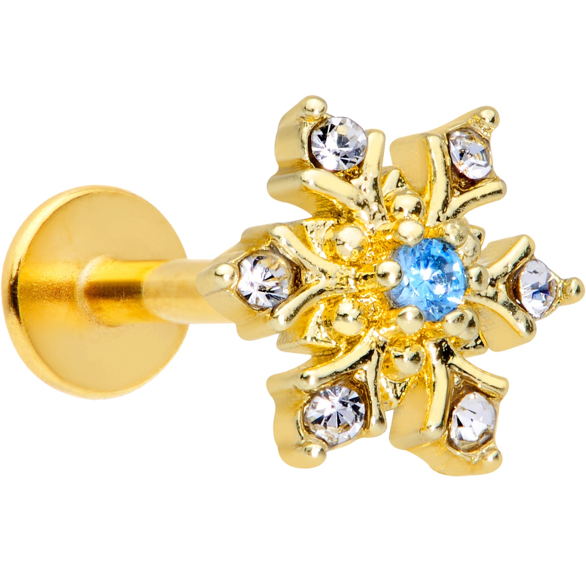16G 5/16 Blue CZ Gold Tone Snowflake Christmas Labret Tragus