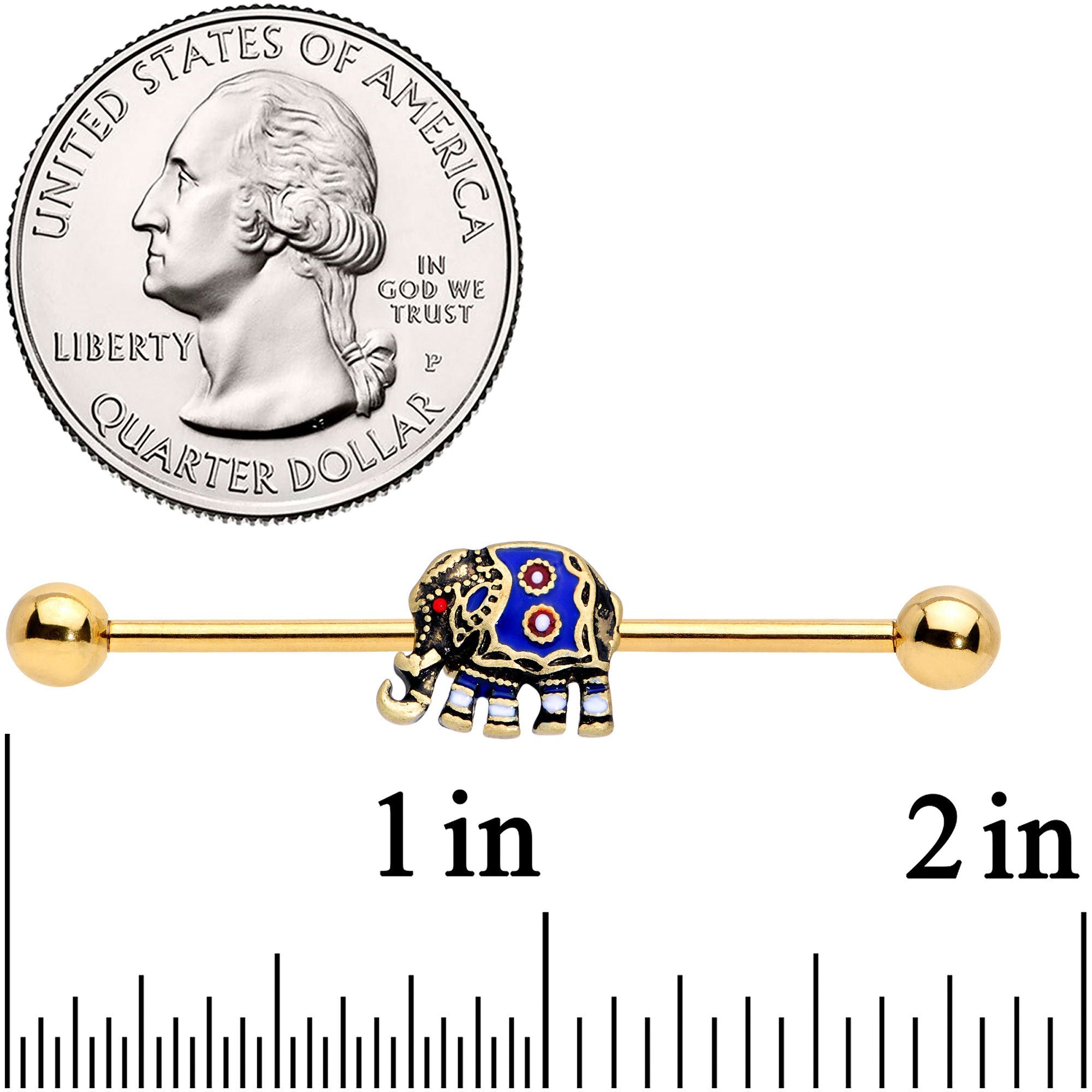 14G Gold Tone Rococo Elephant Industrial Barbell 38mm