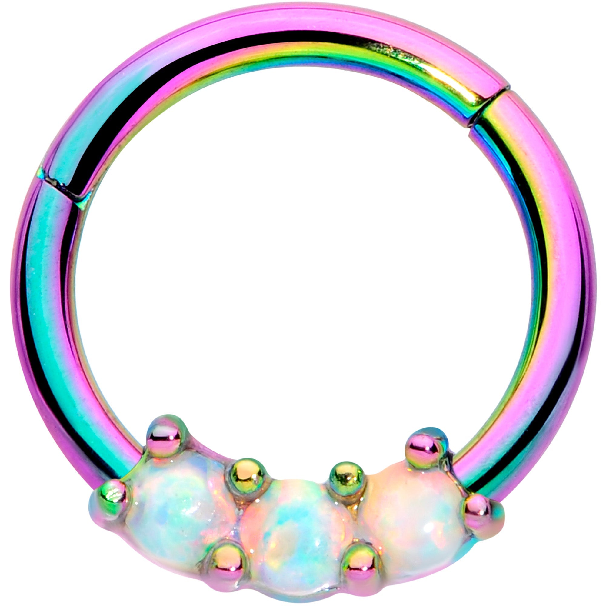 16G 5/16 White Synthetic Opal Rainbow Trio Hinged Segment Ring
