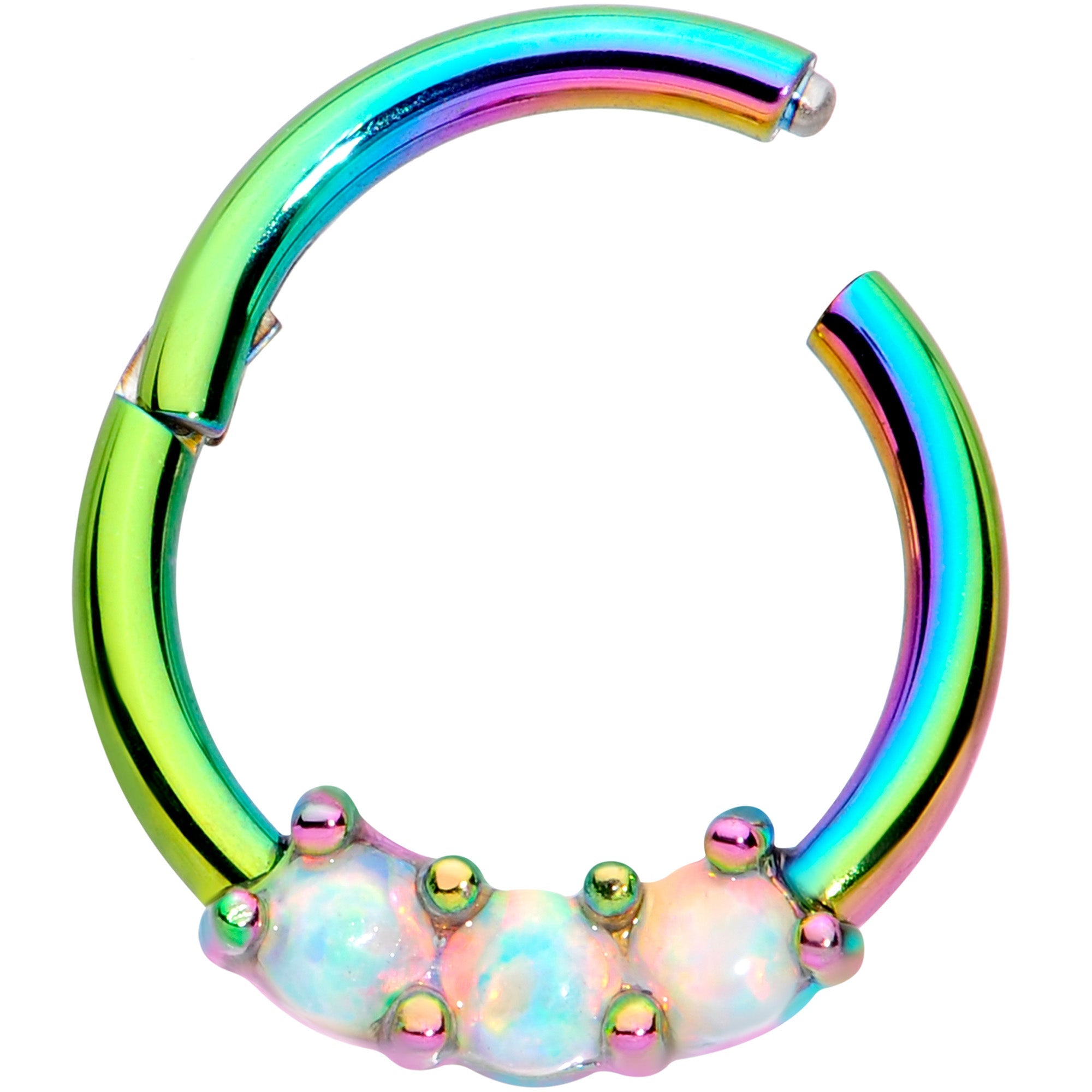 16G 5/16 White Synthetic Opal Rainbow Trio Hinged Segment Ring