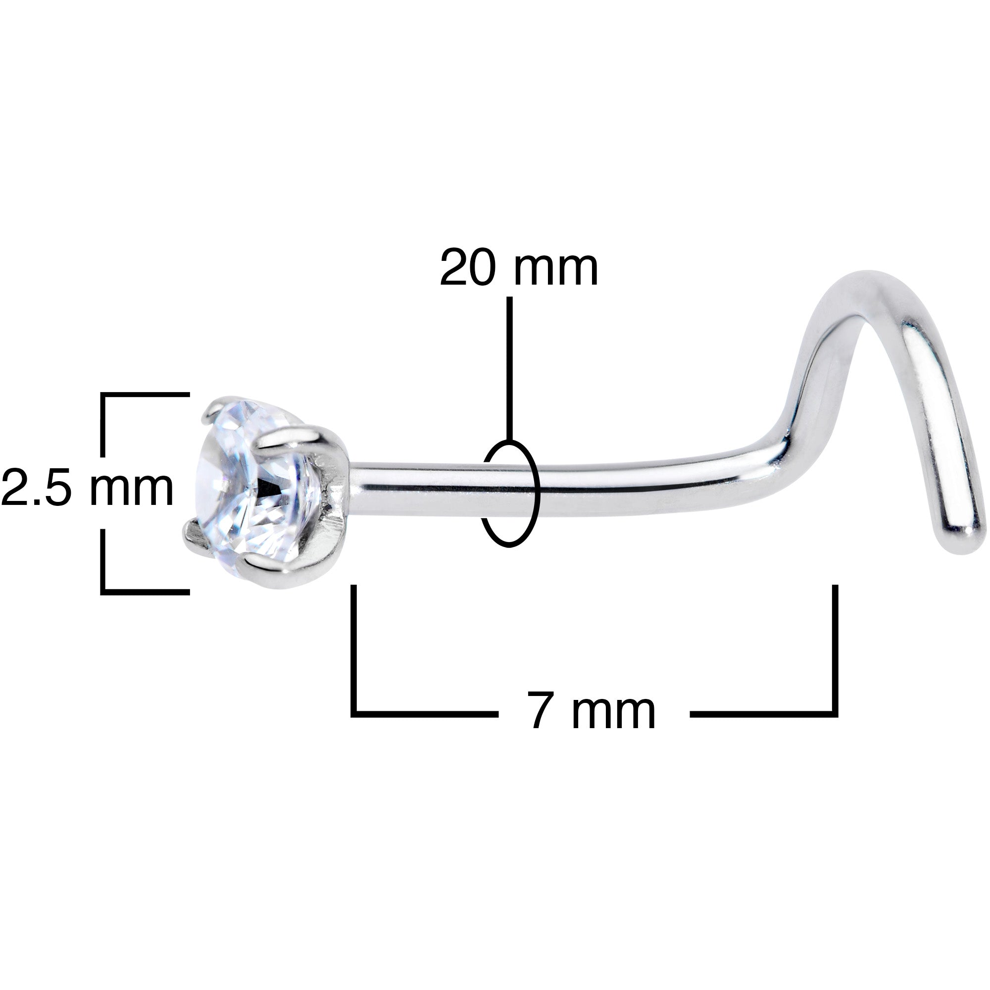 20G 7mm Clear 2.5mm CZ Gem Grade 23 Titanium Left Side Nose Screw