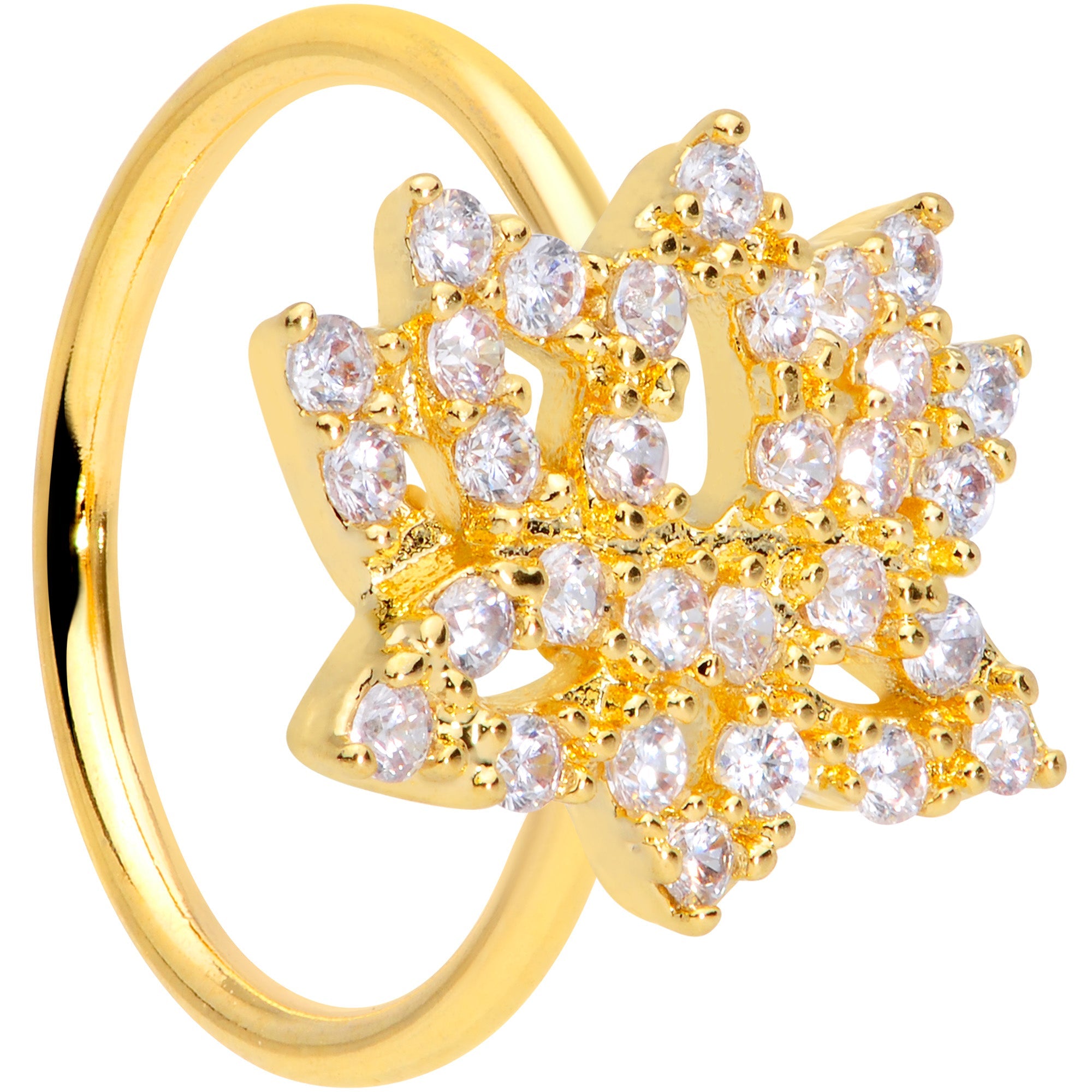 18G 3/8 Clear CZ Gem Gold Tone Lotus Flower Nose Hoop