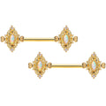 14G 9/16 White Synthetic Opal Gold Tone Barbell Nipple Ring Set