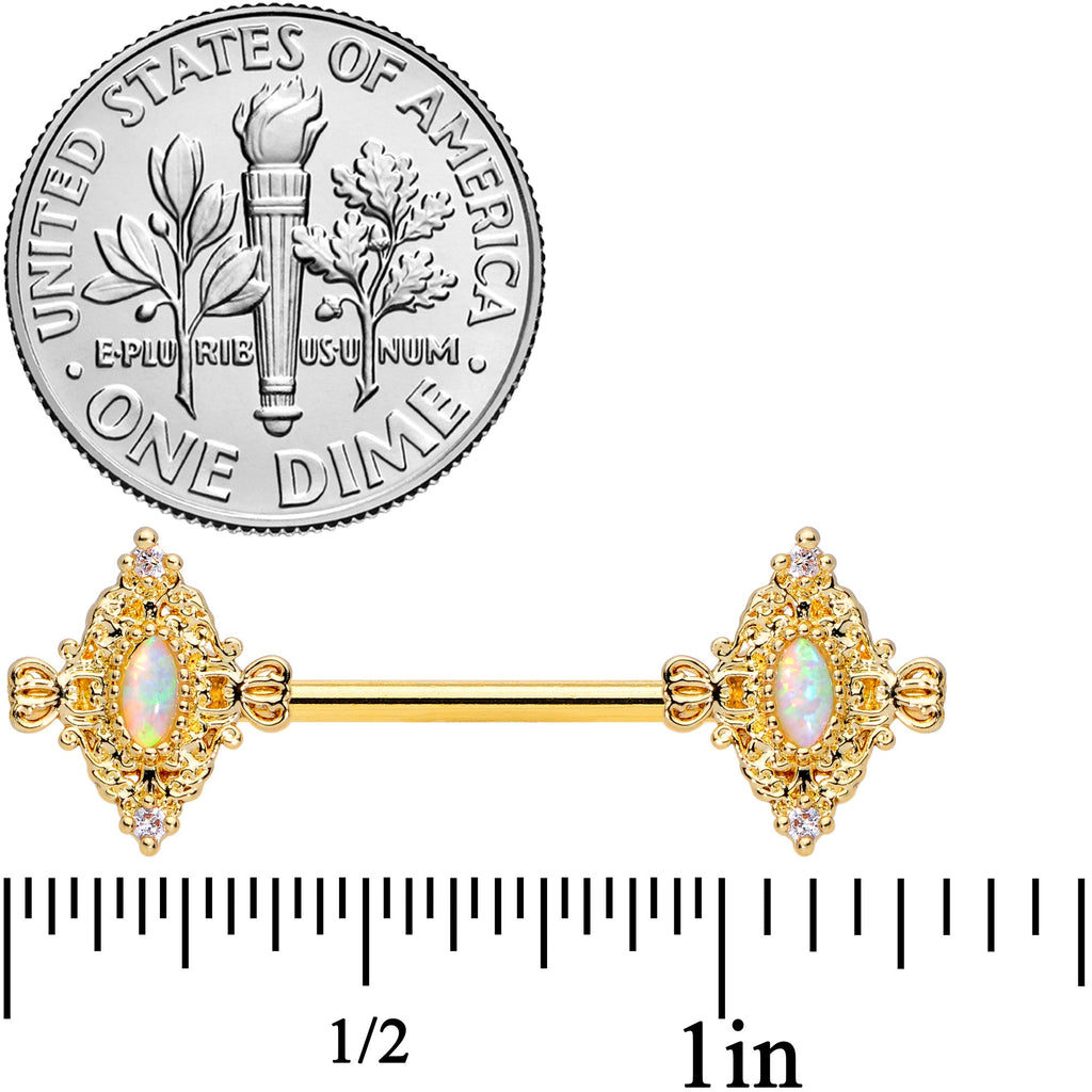 14G 9/16 White Synthetic Opal Gold Tone Barbell Nipple Ring Set