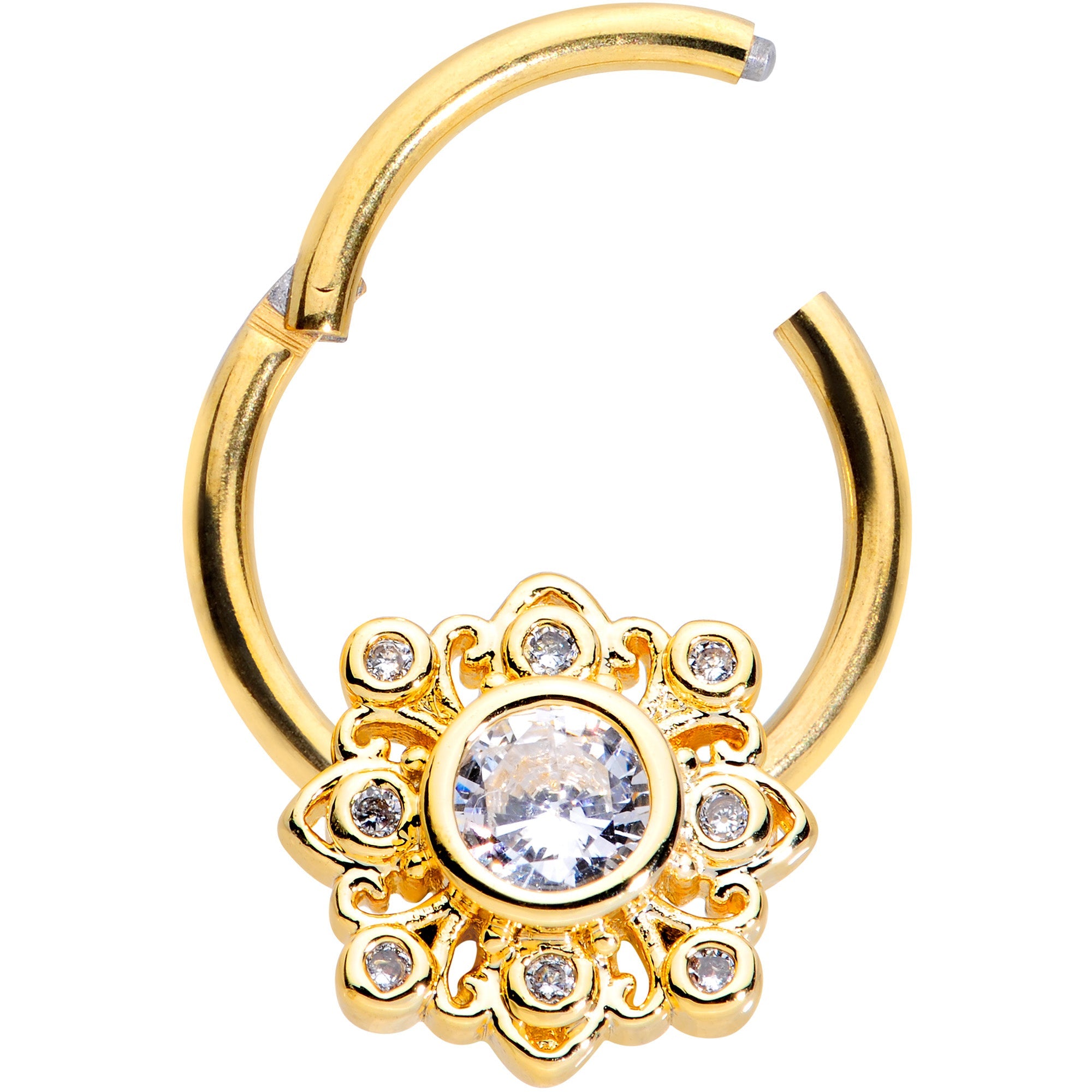 16G 3/8 Clear CZ Gem Gold Tone Regal Seal Hinged Segment Ring