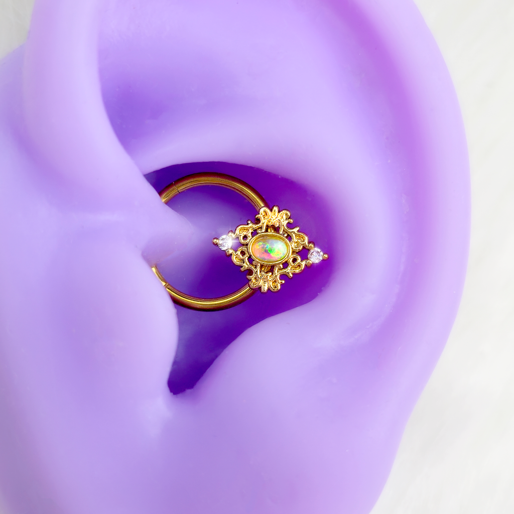 16G 3/8 White Synthetic Opal Gold Tone Oval Hinged Segment Ring
