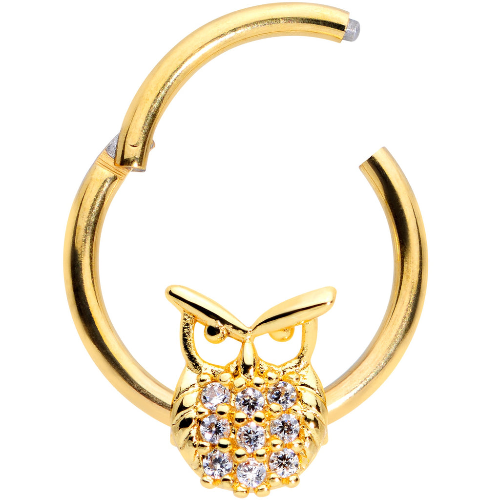 16G 3/8 Clear CZ Gem Gold Tone Opulent Owl Hinged Segment Ring