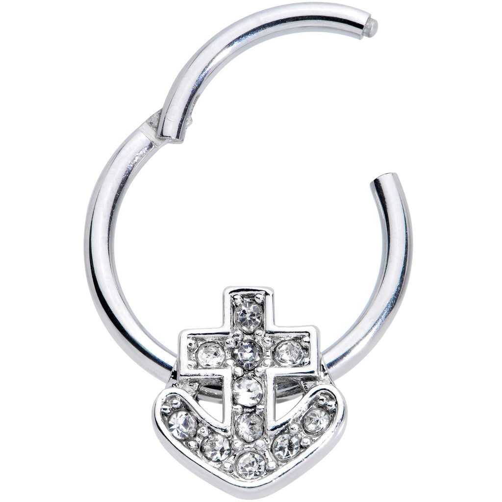16G 3/8 Clear Gem Nautical Anchor Hinged Segment Ring