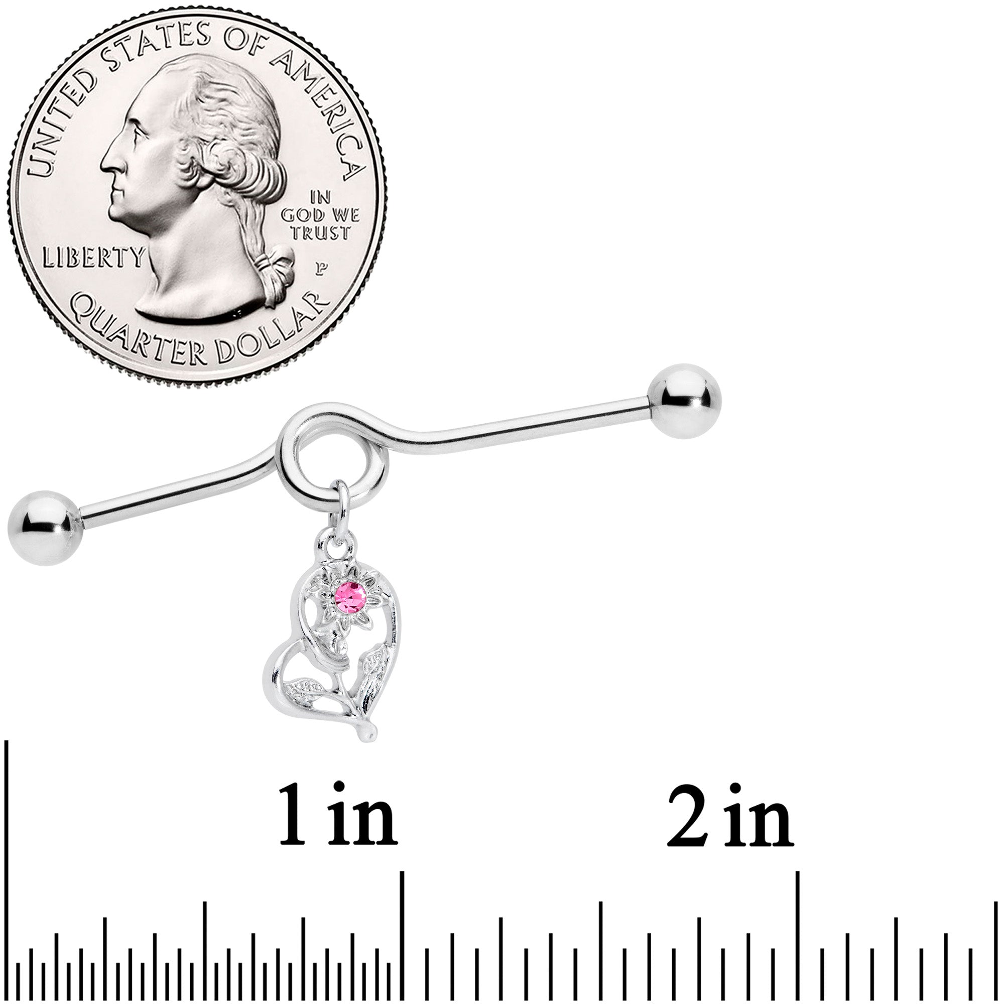 14G Pink Gem Blossoming Heart Flower Dangle Project Bar 38mm