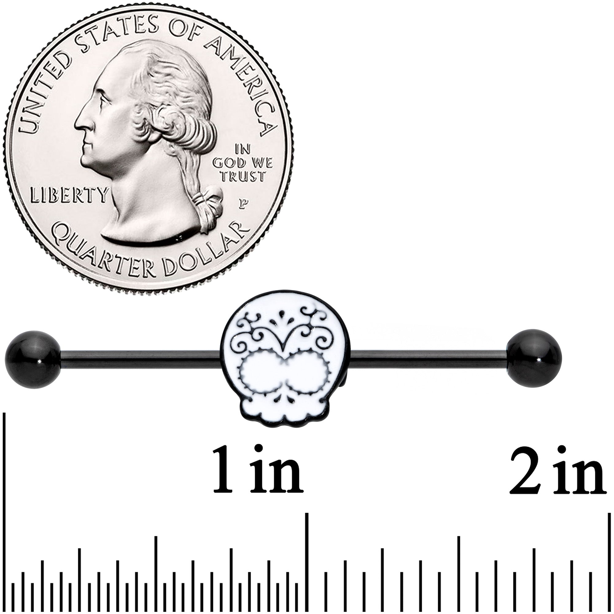 14G Black White Calavera Sugar Skull Industrial Barbell 38mm
