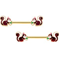 14G 9/16 Gold Tone Snacking Squirrel Barbell Nipple Ring Set