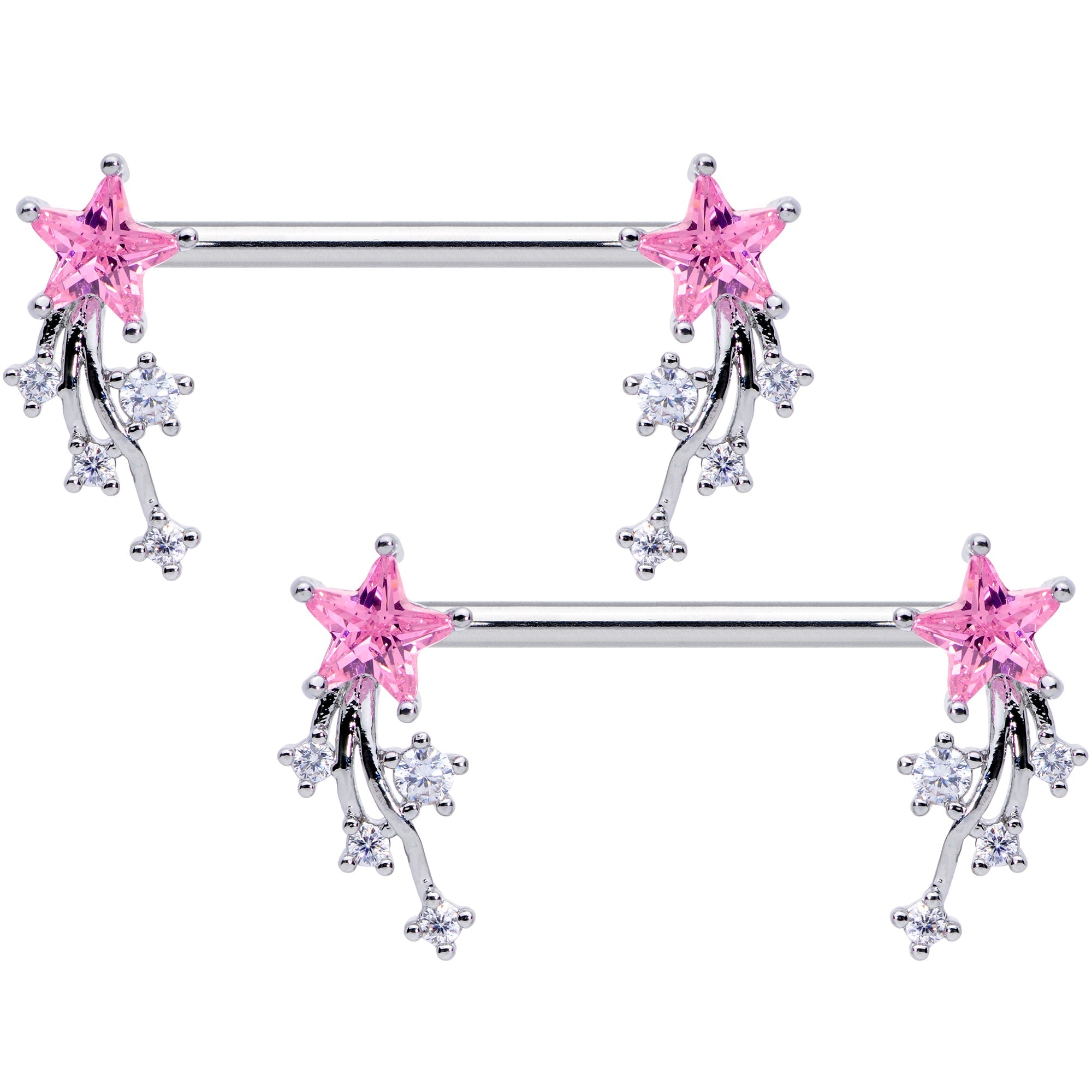 14G 5/8 Pink Clear CZ Gem Shooting Star Barbell Nipple Ring Set