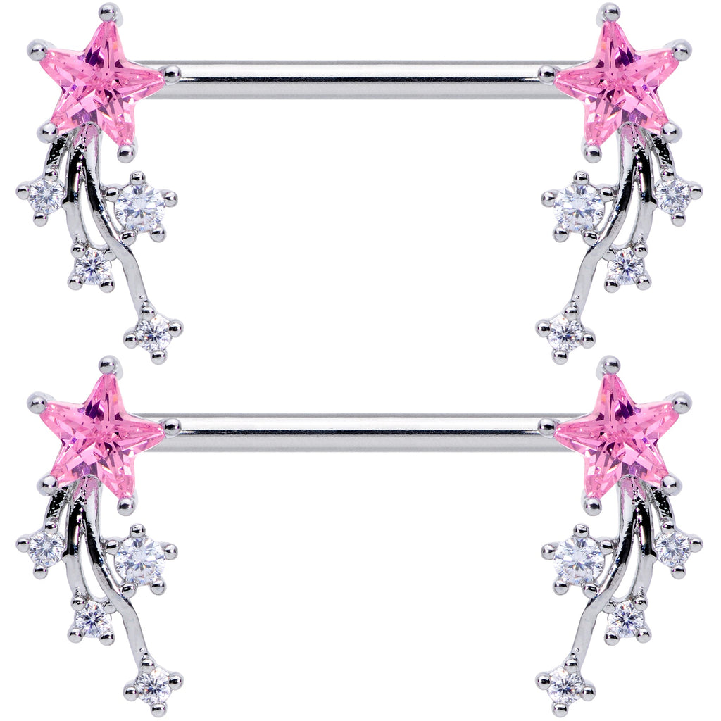 14G 5/8 Pink Clear CZ Gem Shooting Star Barbell Nipple Ring Set