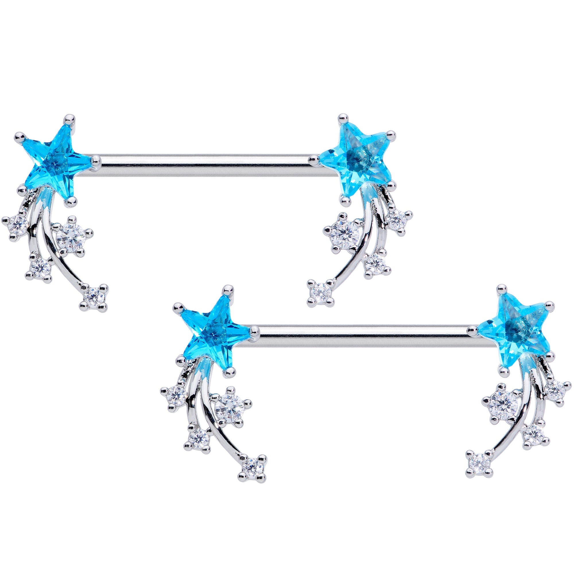 14G 5/8 Aqua Clear CZ Gem Shooting Star Barbell Nipple Ring Set