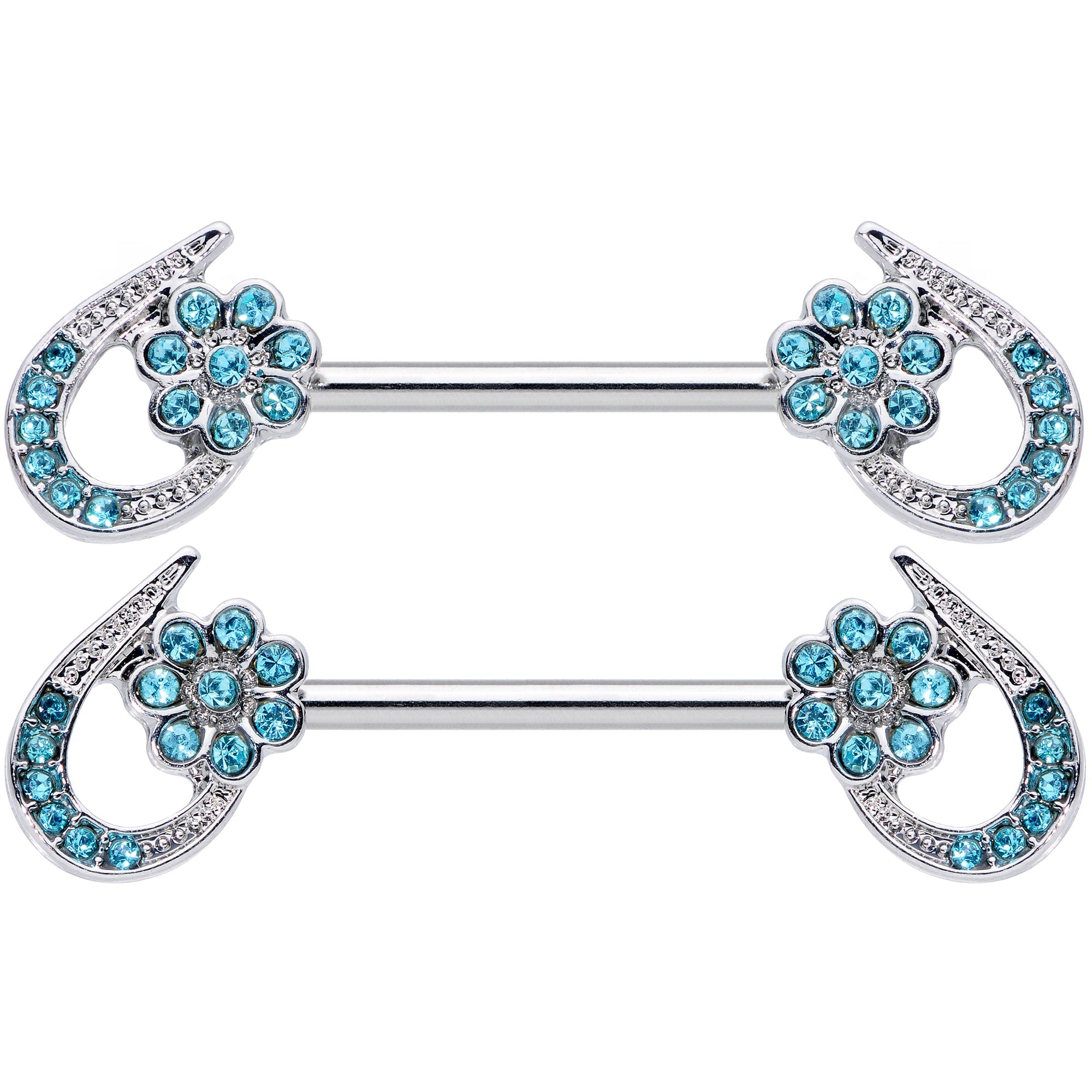 14G 5/8 Aqua Gem Heart Flower Barbell Nipple Ring Set