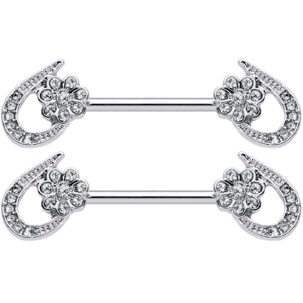 14G 5/8 Clear Gem Heart Flower Barbell Nipple Ring Set
