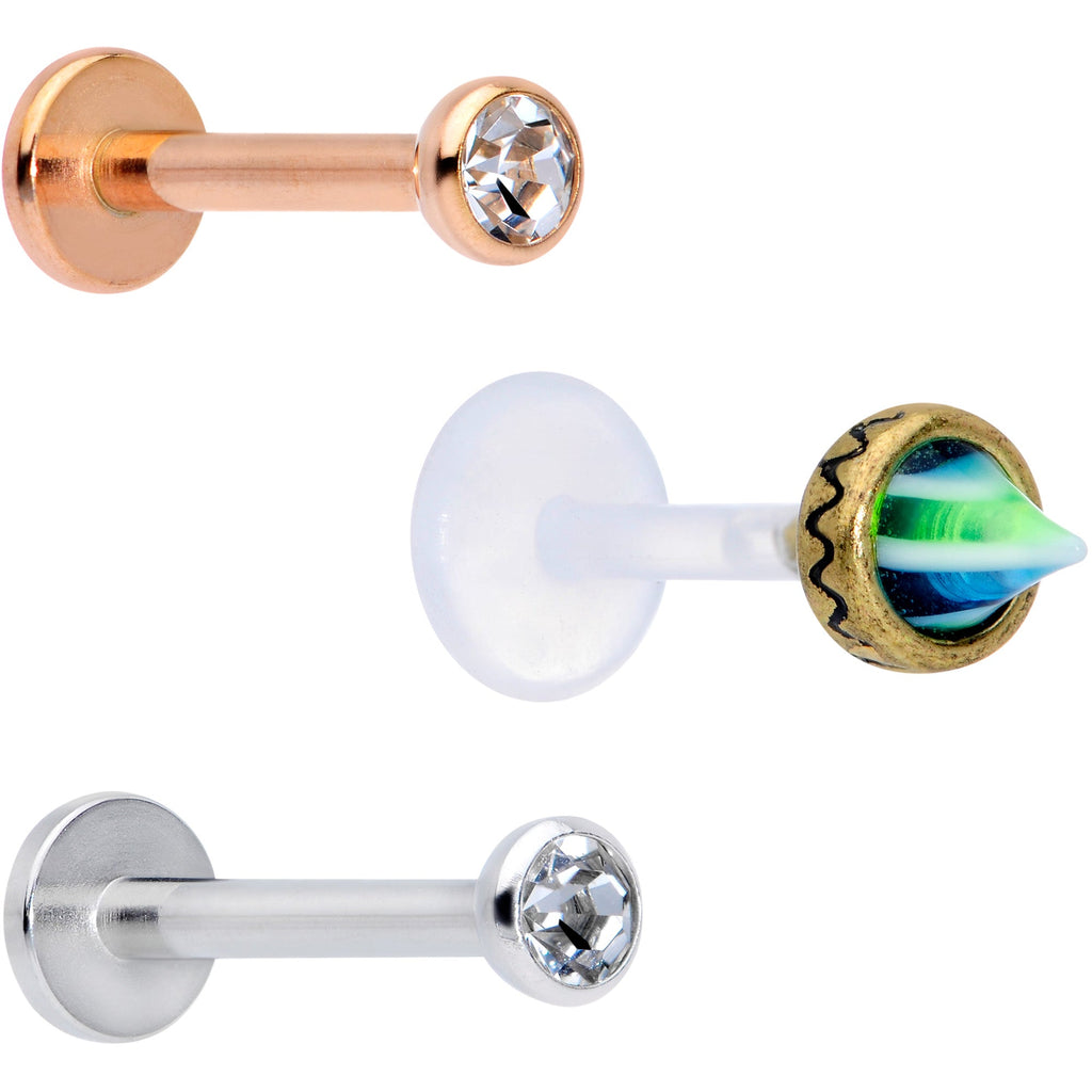 16G 5/16 Clear Gem Rose Gold Tone Bioplast Labret Tragus Set of 3