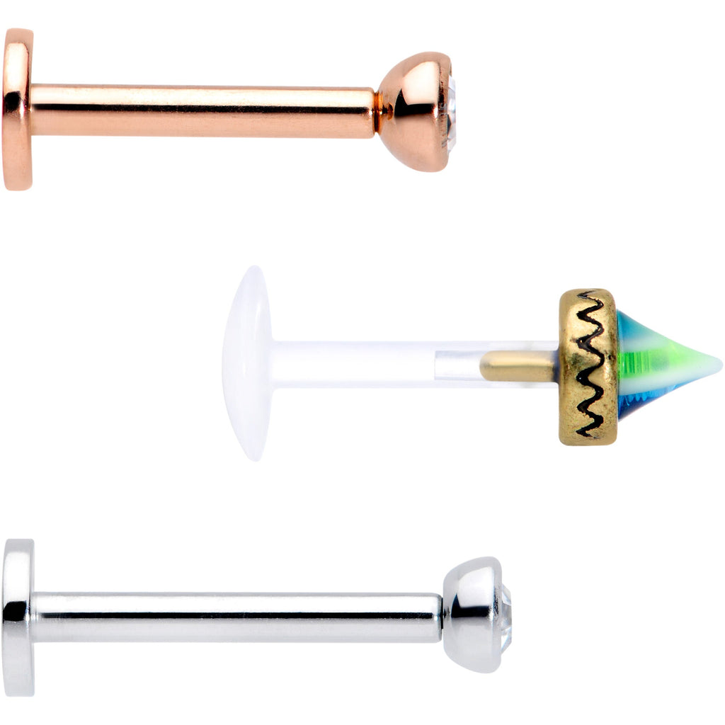 16G 5/16 Clear Gem Rose Gold Tone Bioplast Labret Tragus Set of 3