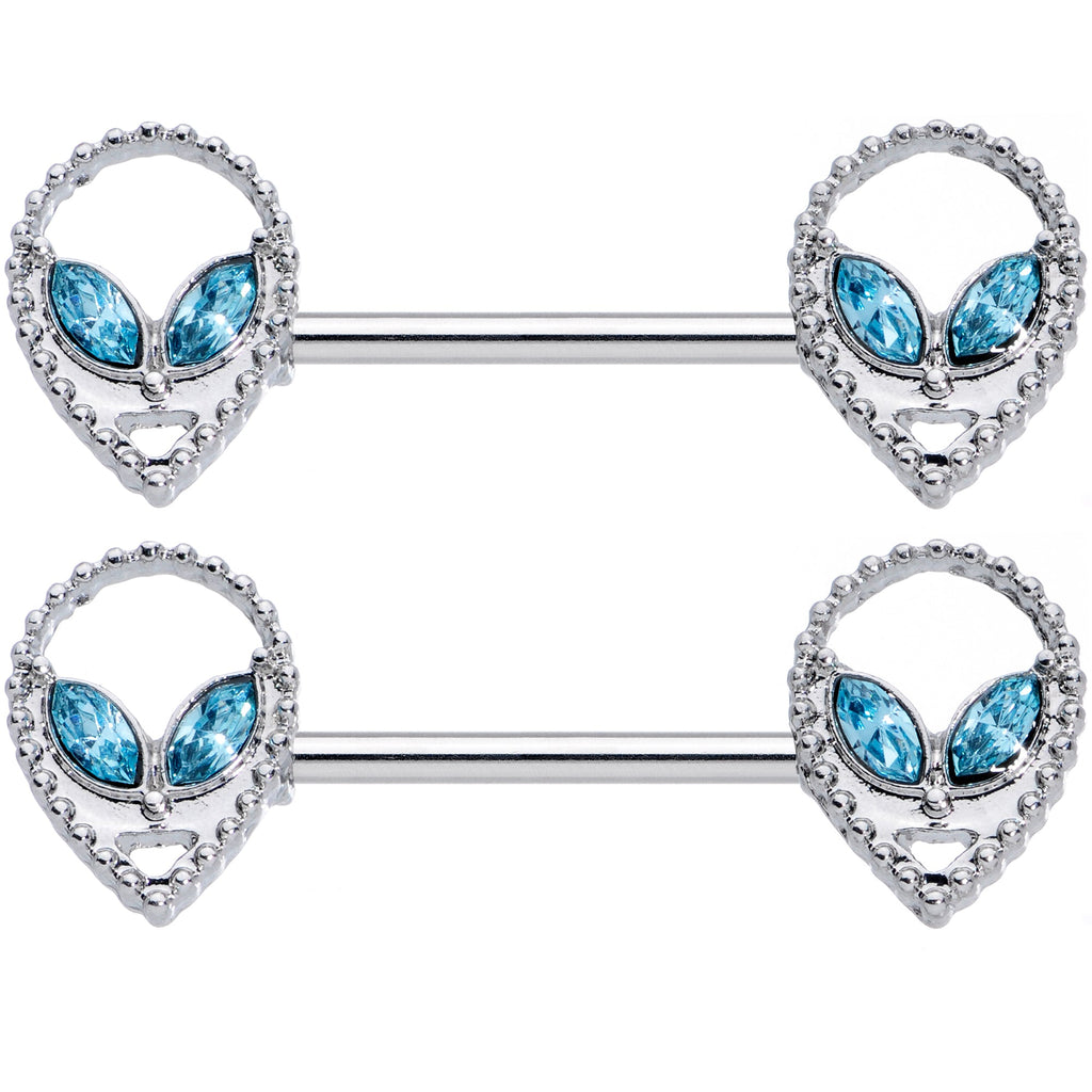 14G 5/8 Aqua Gem Hollow Alien Barbell Nipple Ring Set