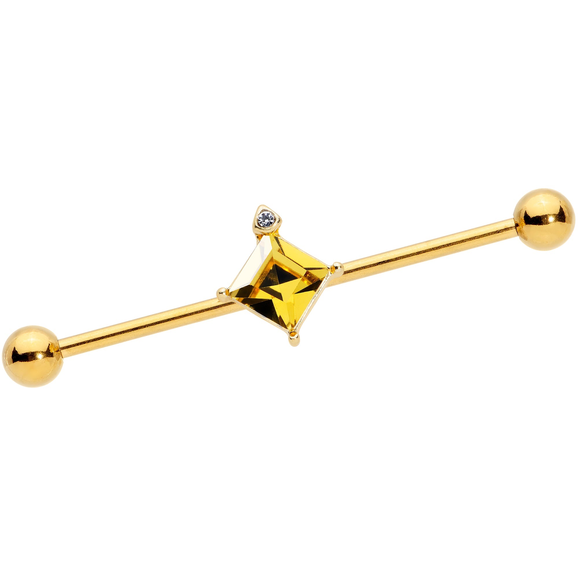 14G Clear Yellow Gem Gold Tone Rhombus Industrial Barbell 38mm