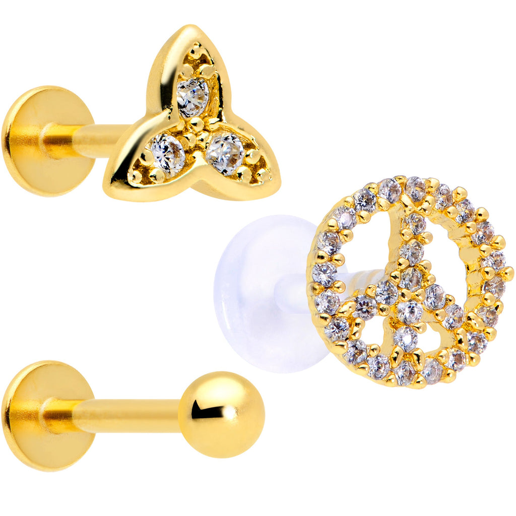 16G 5/16 Clear CZ Gem Gold Tone Peace Labret Tragus Set of 3
