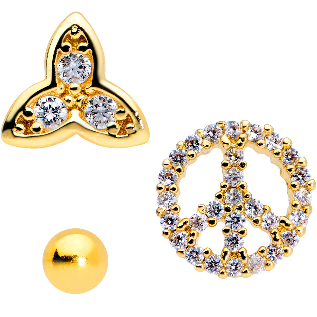 16G 5/16 Clear CZ Gem Gold Tone Peace Labret Tragus Set of 3