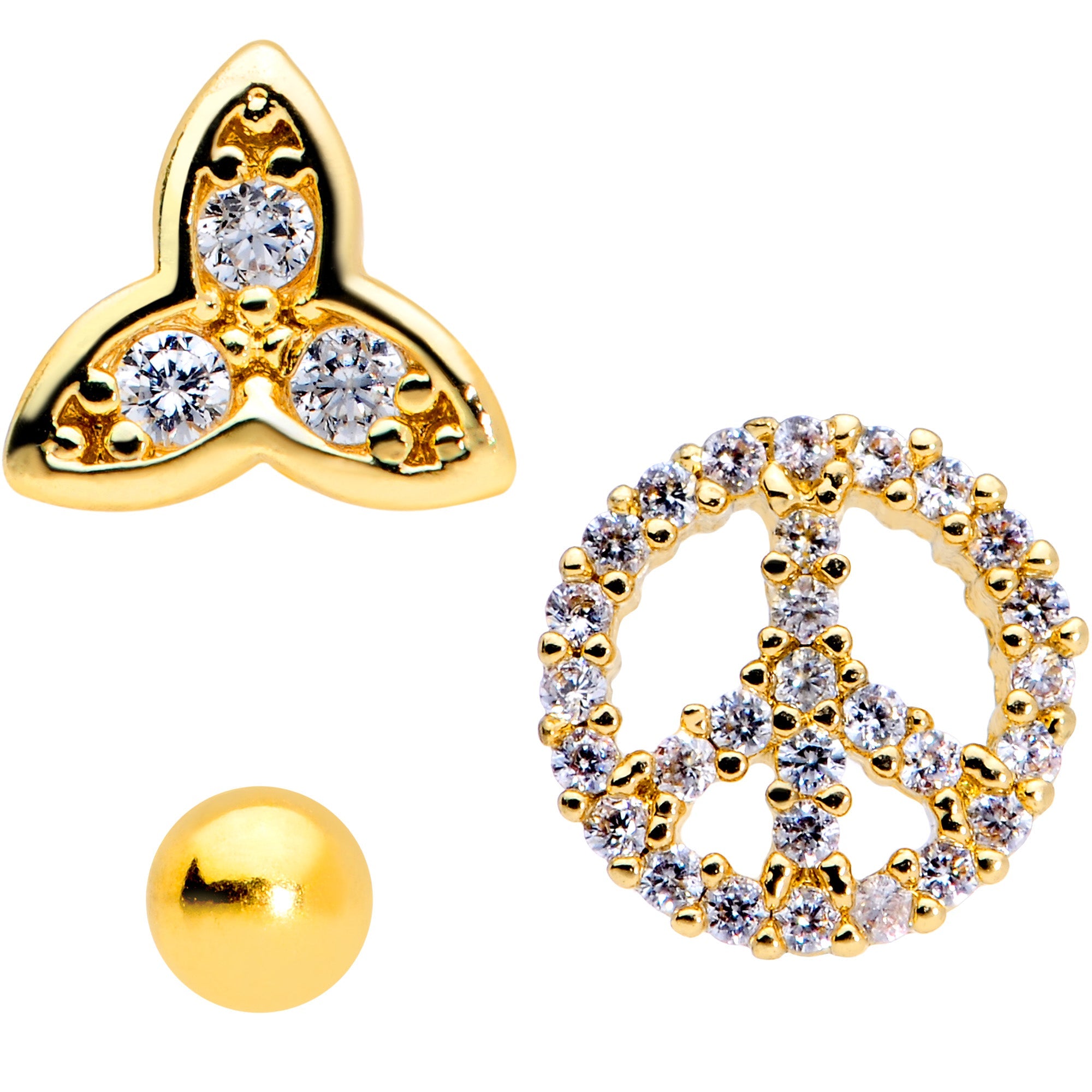 16G 5/16 Clear CZ Gem Gold Tone Peace Labret Tragus Set of 3