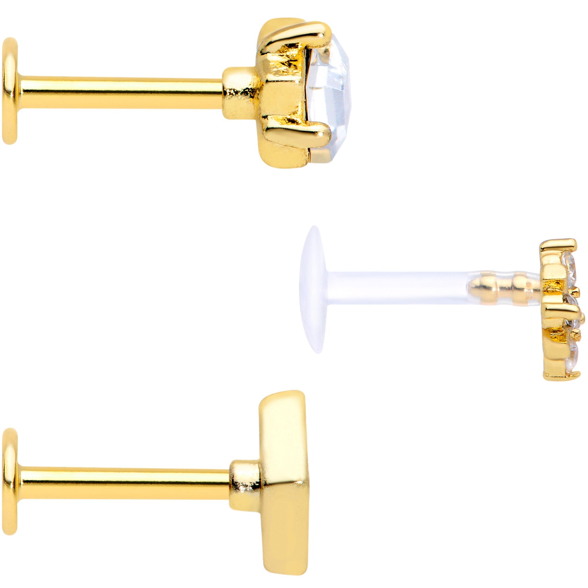 16G 5/16 Clear CZ Gem Gold Tone Geometric Labret Tragus Set of 3