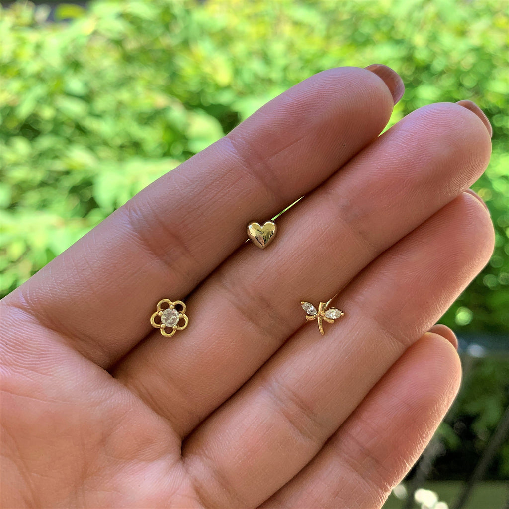 16G 5/16 Clear CZ Gem Gold Tone Heart Labret Tragus Set of 3