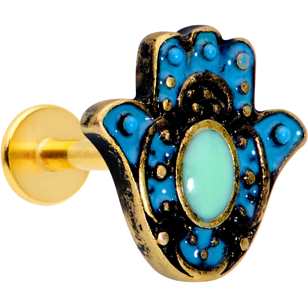 16G 5/16 Gold Tone Aqua Ornate Hamsa Hand Labret Monroe Tragus