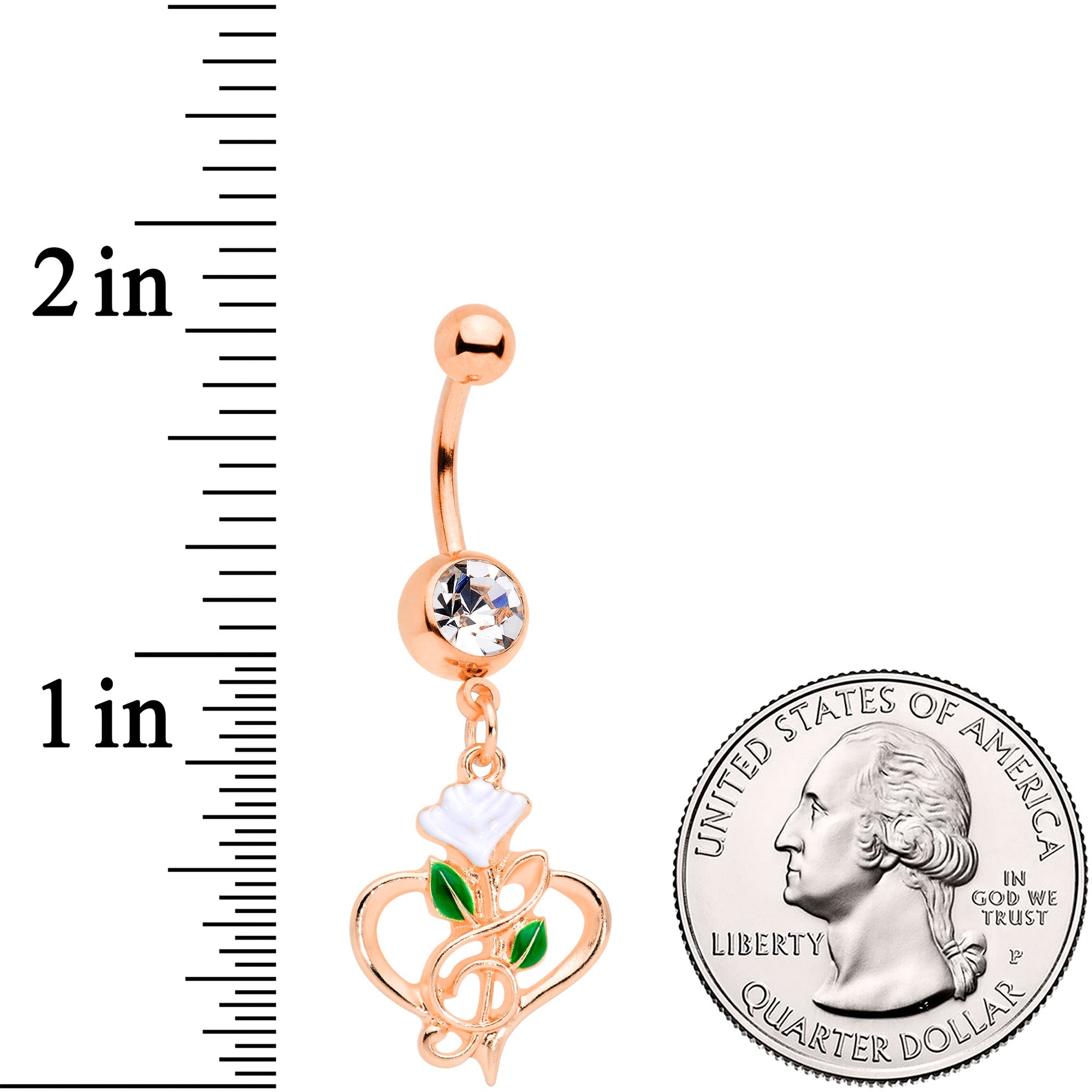 Clear Gem Rose Gold Tone Heart Flower Music Dangle Belly Ring