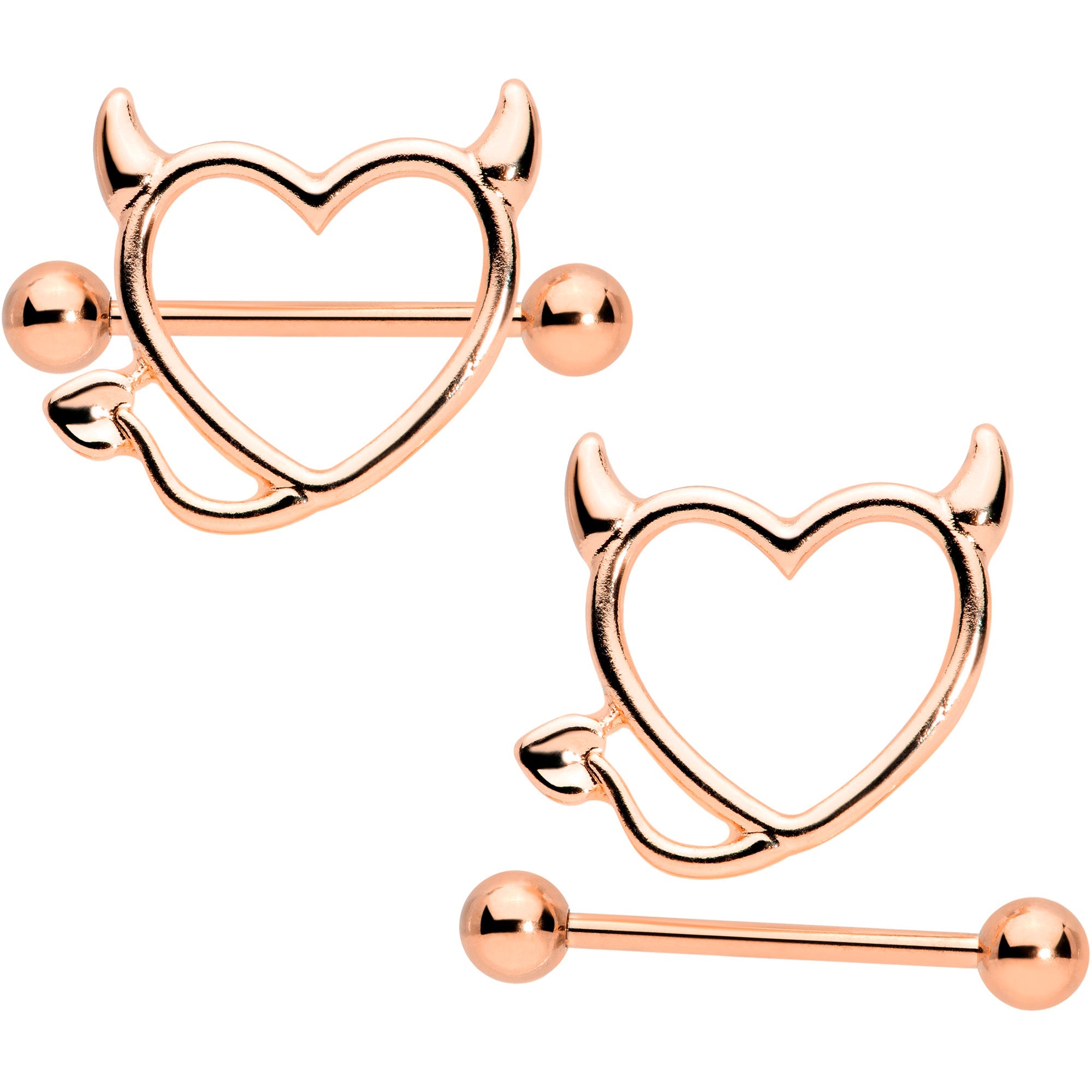 14G 5/8 Rose Gold Tone Devil Heart Valentine Nipple Shield Set