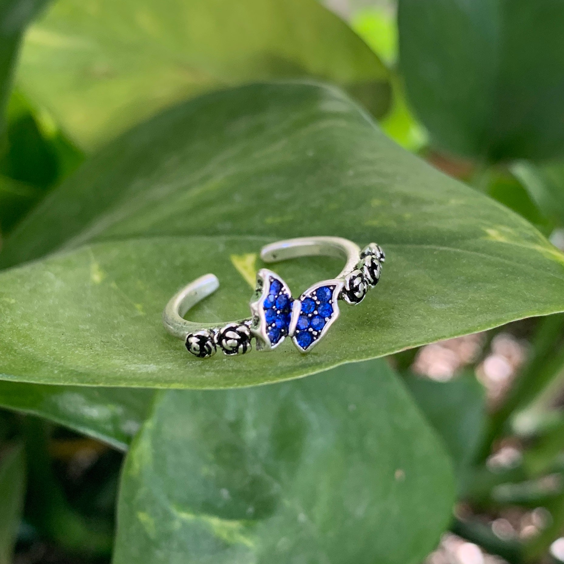Blue Gem Ornate Butterfly Toe Ring